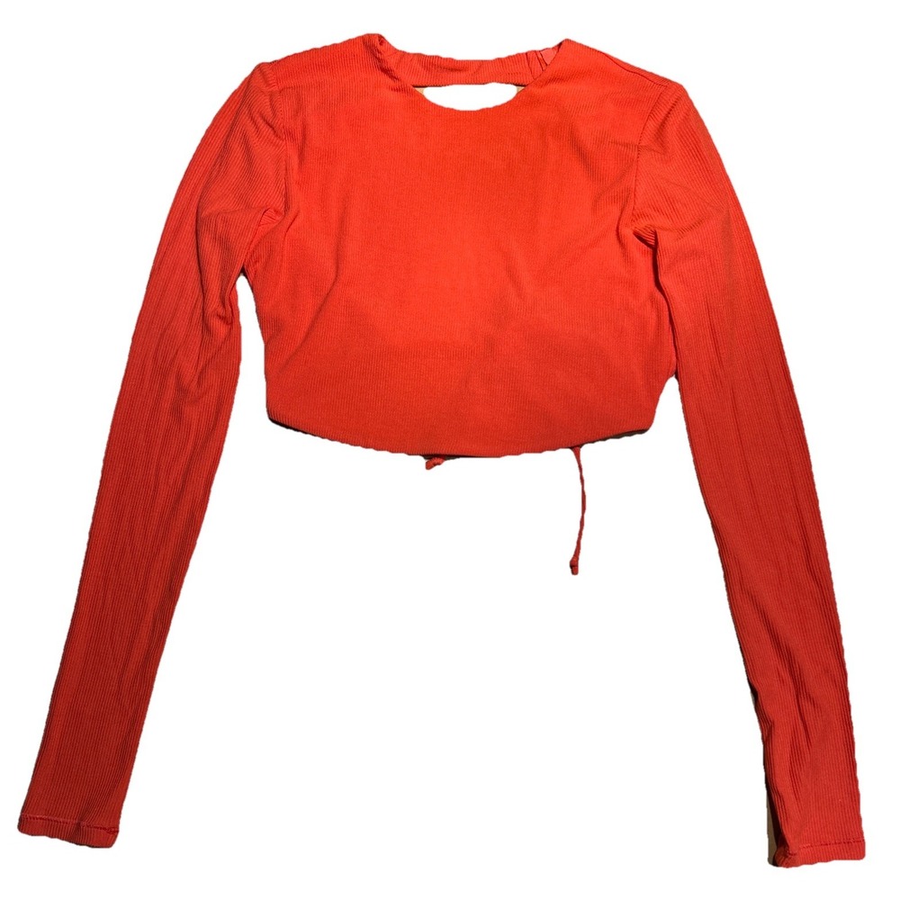 Kardashian Skims Long Sleeve Open Back Crop Top Bright Orange Size Small EUC